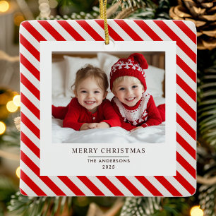 "Red Stripe met foto Vrolijk Kerstfeest en naam Keramisch Ornament