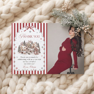 Red Stripe Winter Village Kerst Baby Shower Bedankkaart