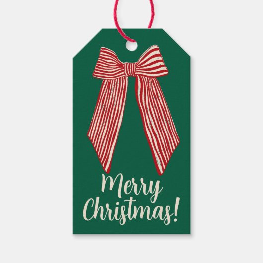 Red Striped Bow Custom Merry Christmas  Cadeaulabel (Voorkant)