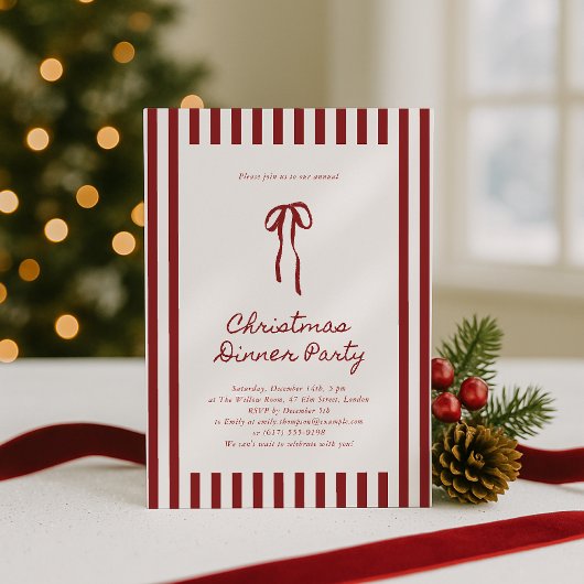 Red Striped Christmas Dinner Party Invitation Kaart