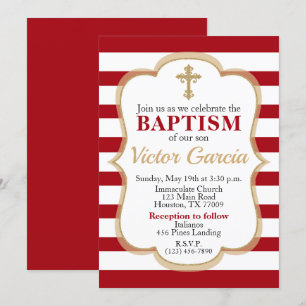 Red Striped Faux Gold Glitter Boy of Girl Baptism Kaart