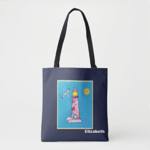 Red Striped Waterverf vuurtoren, speciaal aangepas Tote Bag