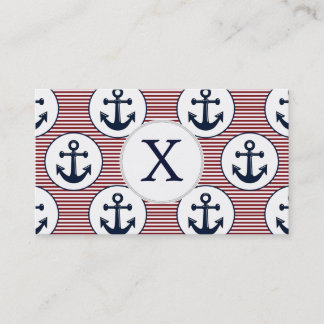 Red Stripes Navy Blue Anchor Nautical Pattern Visitekaartje