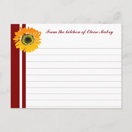 Red Stripes Sunflower Personalized Recipe Cards Briefkaart (Voorkant)