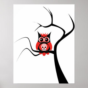 Red Sugar Skull Owl in Tree Poster