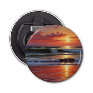 Red Sunset Ocean Seascape Schilderij Kunstwerk Button Flesopener