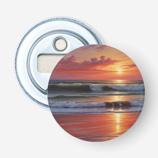 Red Sunset Ocean Seascape Schilderij Kunstwerk Button Flesopener (Voorkant)