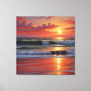 Red Sunset Ocean Seascape Schilderij Kunstwerk Canvas Afdruk