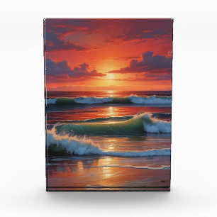 Red Sunset Ocean Seascape Schilderij Kunstwerk Fotoblokken
