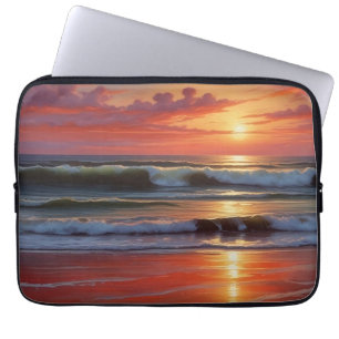Red Sunset Ocean Seascape Schilderij Kunstwerk Laptop Sleeve
