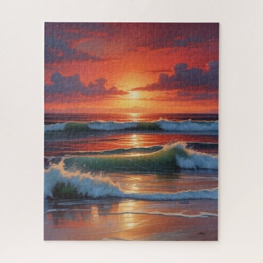 Red Sunset Ocean Seascape Schilderij Kunstwerk Legpuzzel (Verticaal)