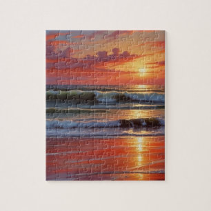 Red Sunset Ocean Seascape Schilderij Kunstwerk Legpuzzel