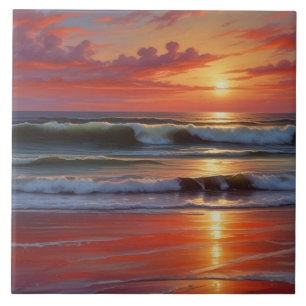 Red Sunset Ocean Seascape Schilderij Kunstwerk Tegeltje