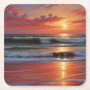 Red Sunset Ocean Seascape Schilderij Kunstwerk Vierkante Kartonnen Onderzetter