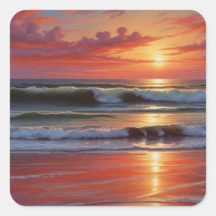 Red Sunset Ocean Seascape Schilderij Kunstwerk Vierkante Sticker