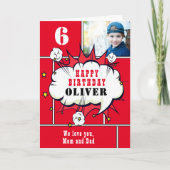 Red Superheld Comic Bubble Boy Foto van Birthday Kaart (Voorkant)