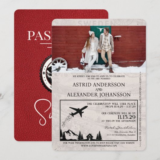 Red Sweden Passport Wedding Invitation Kaart (Voorkant / Achterkant)