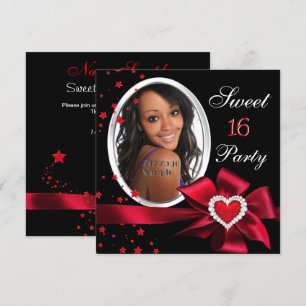 Red Sweet 16 Birthday Party Heart Photo Silver Kaart