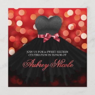 Red Sweet Sixteen Black Dress Birthday Invite Kaart