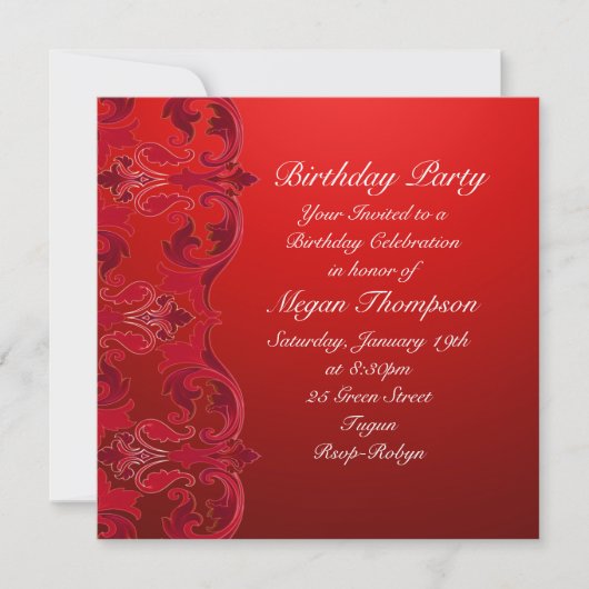 Red Swirl Damask Invitation d'anniversaire (Devant)