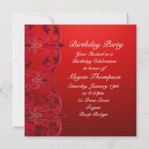 Red Swirl Damask Invitation d'anniversaire