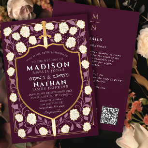 Red Sword Shield Fantasy Wedding QR-code Kaart