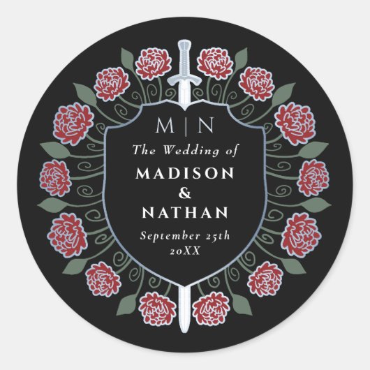 Red Sword Shield Medieval Fantasy Monogram Wedding Ronde Sticker (Voorkant)