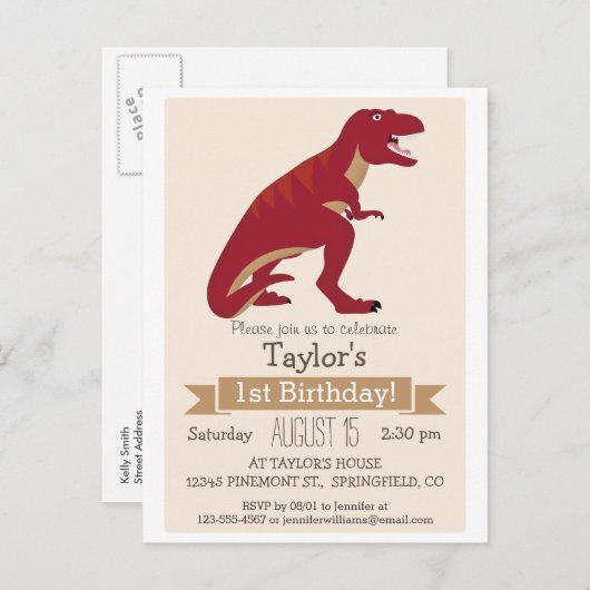 Red T-Rex Dinosaur Invitation de fête d'anniversai (Devant / Derrière)