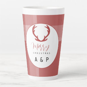 Red Tartan Deer Antlers Monogram Latte Mok