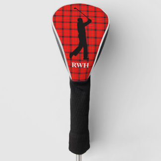 Red Tartan met Golfer Monogrammed Golf Head Hoesje Golfheadcover