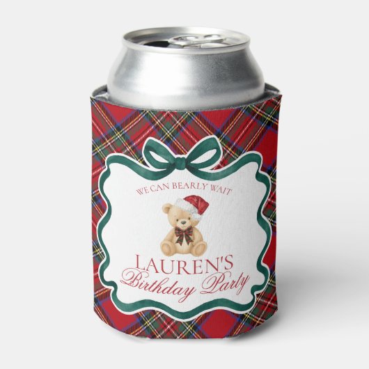 Red Tartan Plaid Christmas Bear Birthday Favor Blikjeskoeler (Blikje Voorkant)