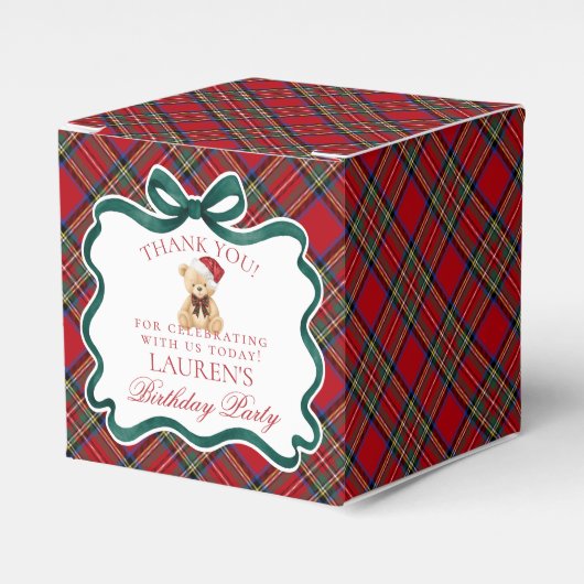 Red Tartan Plaid Christmas Bear Birthday Favor Box Bedankdoosjes (Voorkant Zijde)