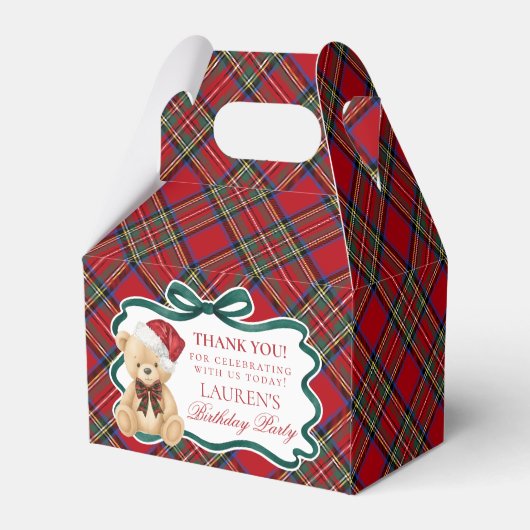 Red Tartan Plaid Christmas Bear Birthday Favor Box Bedankdoosjes (Achterkant)