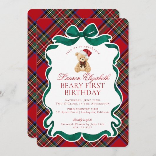 Red Tartan Plaid Christmas Beary First Birthday Kaart (Voorkant / Achterkant)