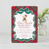Red Tartan Plaid Christmas Beary First Birthday Kaart (Staand voorkant)