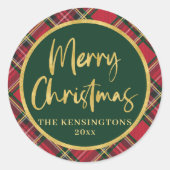 Red Tartan Plaid Gold Script Vrolijk kerstfeest Ronde Sticker (Voorkant)