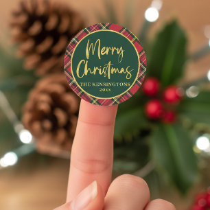 Red Tartan Plaid Gold Script Vrolijk kerstfeest Ronde Sticker