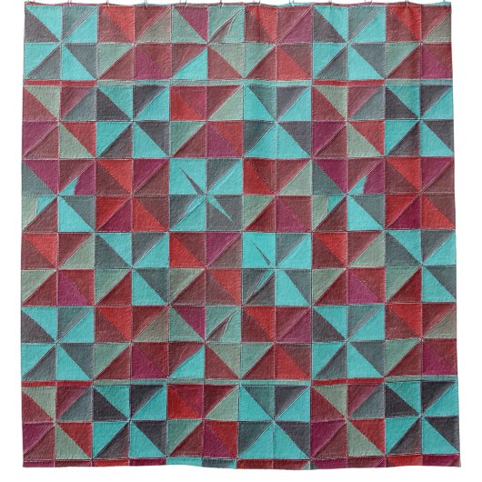 red, teal, purple, and gray quilt douchegordijn (Voorkant)