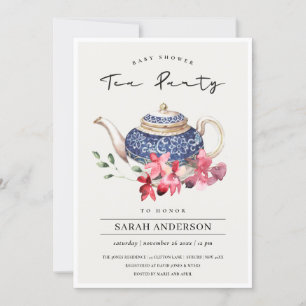 Red Teapot Floral Baby shower Tea Party Invite Bedankkaart