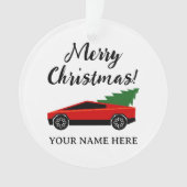 Red Tesla pickup truck with Christmas tree (devant)