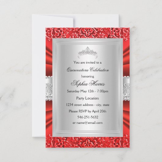 Red Tiara & Damask Quinceanera Invitation (Dos)