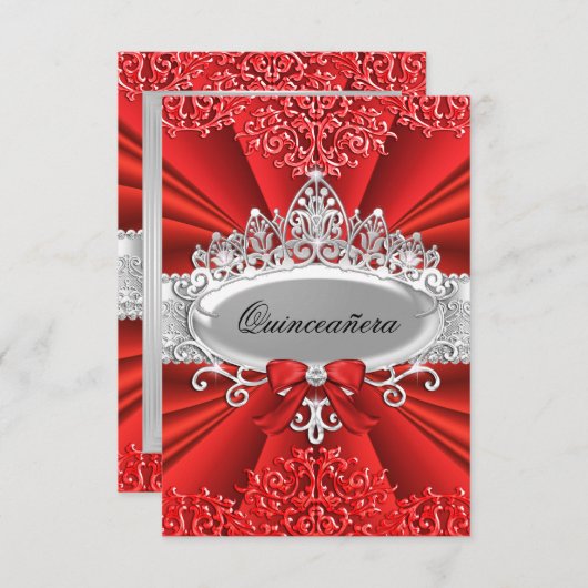 Red Tiara & Damask Quinceanera Invitation (Devant / Derrière)