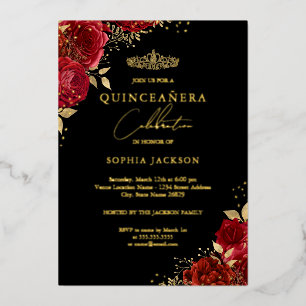 Red Tiara Floral Gold Quinceanera Folie Uitnodiging