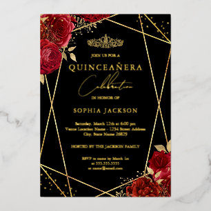 Red Tiara Floral Gold Quinceanera Modern Folie Uitnodiging
