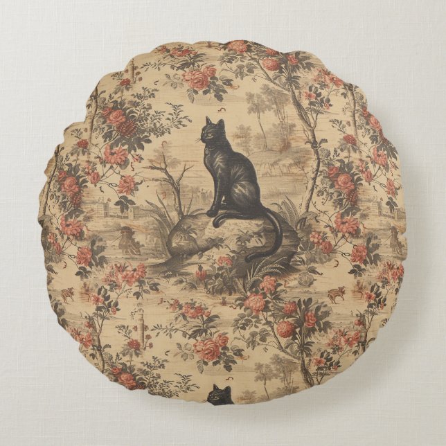 Red Toile Chinoiserie Cat Damask Rond Kussen (Voorkant)