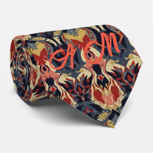 Red Tones Retro Ikat Pattern Monogram Initialen Stropdas (Opgerold)