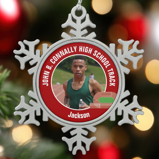 Red Track & Field Photo High School Athlete Tin Sneeuwvlok Ornament