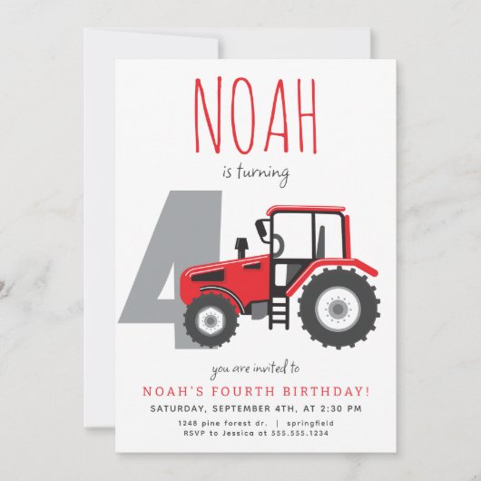 Red Tractor 4e Invitation d'anniversaire (Devant)