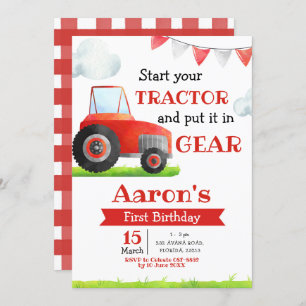 Red Tractor Boy Birthday Invitation Kaart
