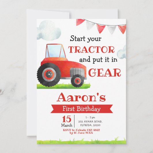 Red Tractor Boy Invitation Anniversaire (Devant)